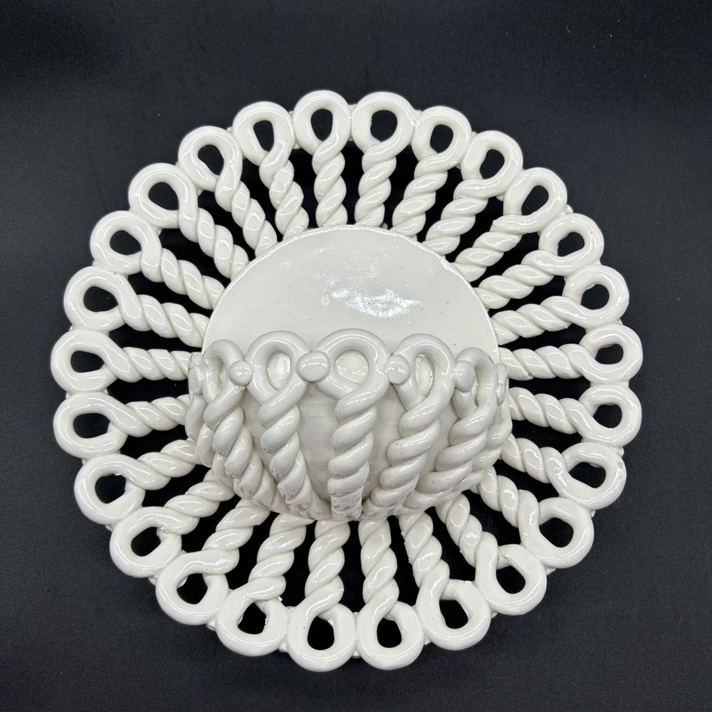 Vtg White Ceramic Wall Pocket Spain Reticulated Twisted Rope Basket Planter 10"